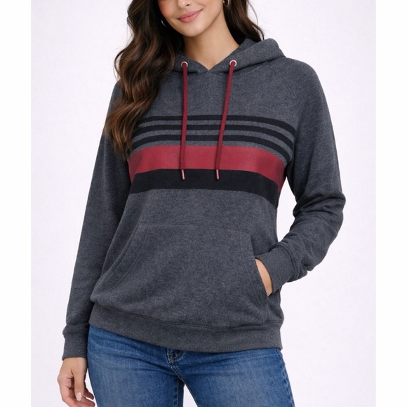 Tops - Grey/Black/Maroon Striped Pullover Hoodie, M